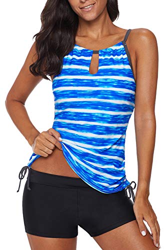 REKITA Womens Stripe Printed Tankini Top with Boyshort Swimsuits Bathing Suits Blue