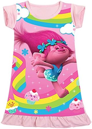 ZHWENKA Trolls Comfy Loose Fit Pajamas Girls' Printed Princess Dress Party Costume (140/9-10YS)