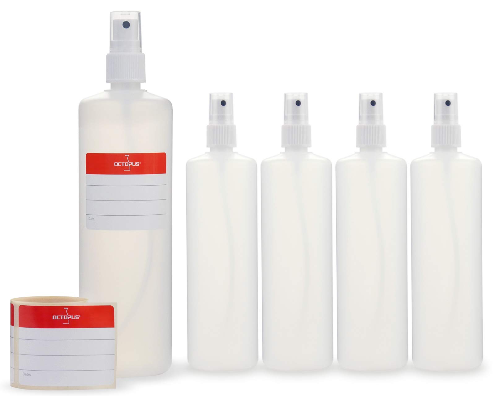 Octopus 5 x 250 ml spray bottles with finger atomiser, plastic bottles with pump sprayer, plastic bottles made of HDPE with atomiser, incl. 5 labels