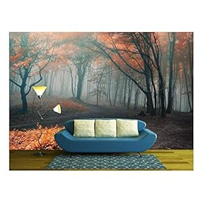 Trees with Red Leafs in a Mysterious Fantasy Forest with Fog - Removable Wall Mural | Self-Adhesive Large Wallpaper - 66x96 inches