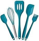 StarPack Basics Range Silicone Kitchen Utensils Set (5 Piece) In FDA Grade With Hygienic Solid Coating + Bonus 101 Cooking Tips (Teal Blue)