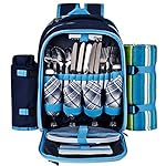 Ferlin Picnic Backpack for 4 With Cooler Compartment, Detachable Bottle/Wine Holder, Fleece Blanket, Plates and Cutlery Set (Blue)