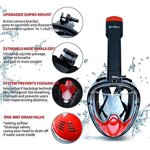 Shark's Tooth Snorkel Mask Full Face w/Compatible Action Camera Mount | 180Â° Panoramic Swimming View | Anti-Leak Fit & Anti-Fog Lens | Easy Breath Valves, V Backstop Technology (Black/Red, L/XL)