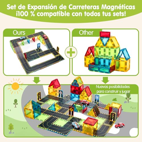 hahaland Magnetic Building Blocks for Kids, 38 Pieces Magnetic Tiles with City Roads and 2 Pull Back Cars, Compatible Magnetic Parts for Kids 3 4 5 6 Years Old