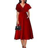 ZonJie Summer Casual Dress for Women V Neck Ruffle Short Sleeve A Line Swing Flared Cocktail Party Midi Dress with Pocket