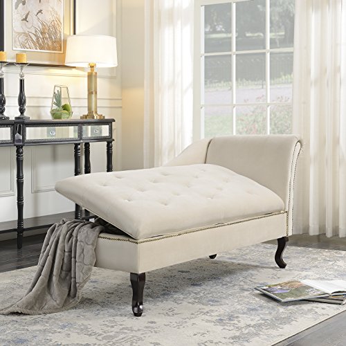 Belleze Nailhead Trim Velveteen Storage Spa Chaise Lounge Chair Tufted Couch For Bedroom Living Room Fold Open Lid Beige