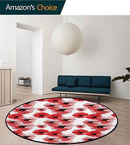 Floral Art Deco Pattern Non-Slip Washable Round Area Rug,Poppies Retro Halftone Effect Fertility And Eternal Life Symbols Vintage Foam Mat Living Room Decor,Round-51 Inch Vermilion Black White