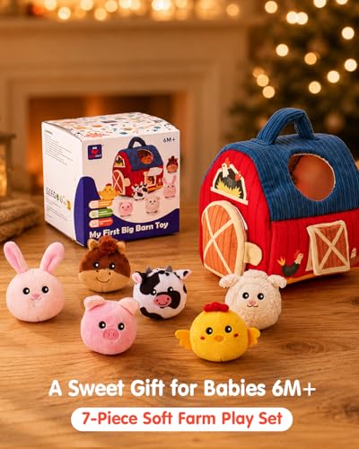 hahaland Montessori Baby Toys 6-12 Months - Surprise Barn with Stuffed Farm Animals Toys for Babies with Rattle & Mirror, Sensory Toys for Babies Boy Girl, Travel Toys for Toddlers 1-3