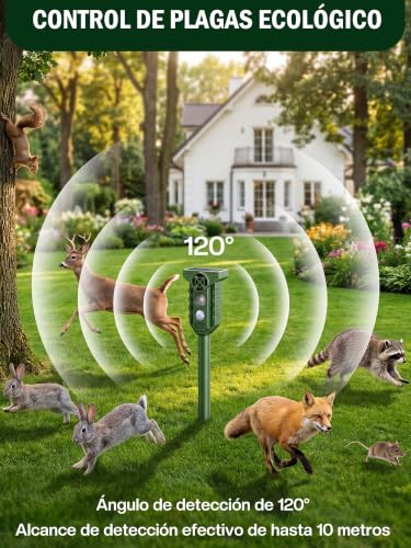 Espantapajaros Exterior Ahuyentador de Pajaros : Repelente Gatos Solar Ultrasonidos con Luz LED Flash IP65 Impermeable- Auyentadores de Palomas Potente para Jardín de Patio Césped Amplio Alcance Verde