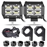 SUZCO 4 Inch Jeep Truck Auto LED Light Bar Emergency Work Light Set, Extra Portable with 8ft Wiring Harness Kit, Straight Fish Eye Lens 12000Lumens Offroad Automotive Spot & Flood Combo Beam