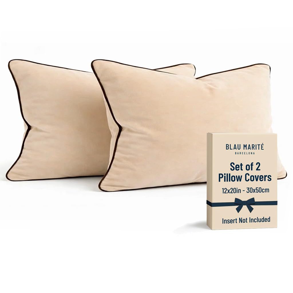 Blau Marité Set of 2 Velvet Throw Pillow Covers with Contrast Piping, Soft Decorative Cushion Covers, Beige and Brown, 12"x20" (30x50 cm).