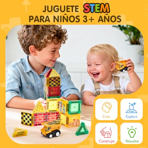 hahaland Construcciones Magnéticos de Viaje para Niños, 42 Piezas Bloques Magneticos Construccion Niños con Caja Portátil, Carreteras y Vehículos, Juego Montessori STEM para Niños 3 4 5 6 Años