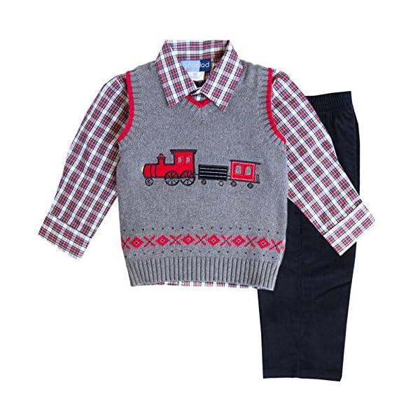 Good Lad Infant Boys Three Piece Grey Train Appliqued Sweater Set