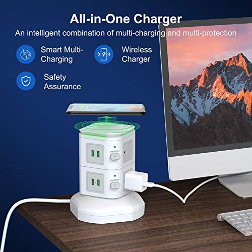 bedee Tower Extension Lead, Surge Protector Extension Lead with 4 USB Slots and 6 Outlet Plugs, Power Strip Tower with 10W Fast Wireless Charger, 6ft Extension Cable