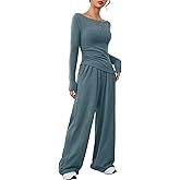 VUTRU Women's Petite Lounge Set Tight Long Sleeve Top Wide Leg Pants Slim Fit 2 Piece Sets Tracksuit Travel Fall Outfit 2025