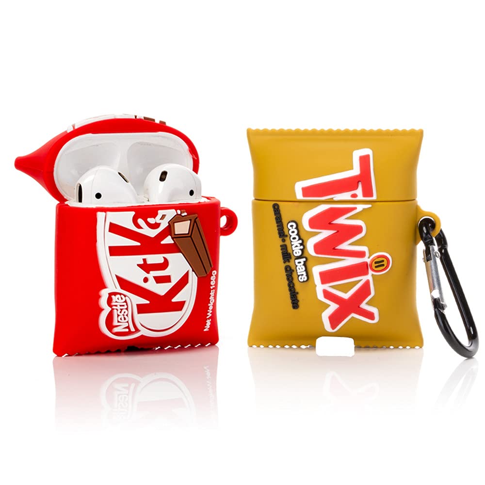 Derhom Airpods Silicone Case Funny Cute Fashion Soft Cartoon Cover Skin Compatible for Apple Airpods 1 and 2 with Keychain[Candy Snacks Series][2 Pack] (Kitkat/Twix)