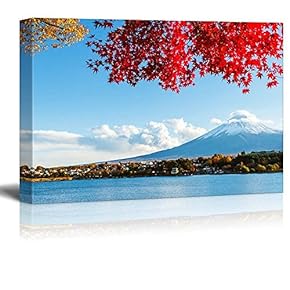 Mount Fuji Across a Lake Being Framed by a Red Tree - Canvas Art Home Art - 12x18 inches