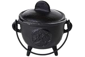AzureGreen Home Fragrance Incense Holder Cauldrons Tree of Life Cast Iron Three Legged with Handle and Lid 5"
