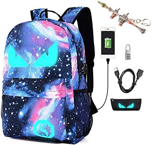 Kuccy Luminous Backpack School Backpack with USB Port/Pencil Bag/Password Lock/Keychain Notebook Bag Outdoor Printing Computer Boy Girl Galaxy Schoolbag