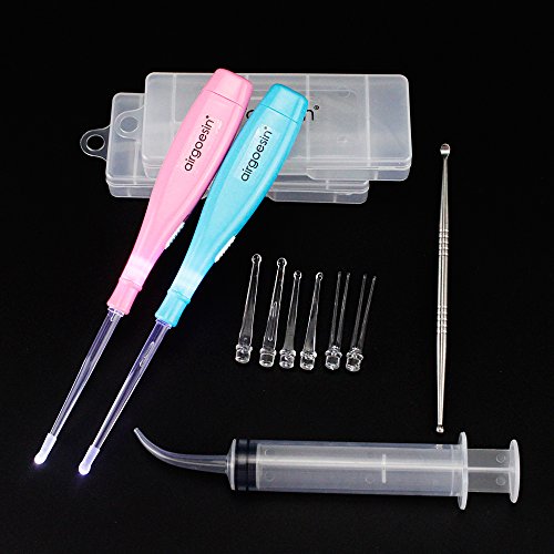 Airgoesin New Version 2 Sets Lighted Tonsil Stone Removing Tool, with Box + 1 Stainless Steel Tonsillolith Pick + 1 Irrigation Syringe