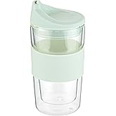 Restaurantware Glass Travel Mug 1 Count 12 Ounce Double Wall Borosilicate Reusable Coffee Cup, Spill-Resistant Mint Green Silicone Lid, Clear Drinkware Mug for Hot and Cold Beverages