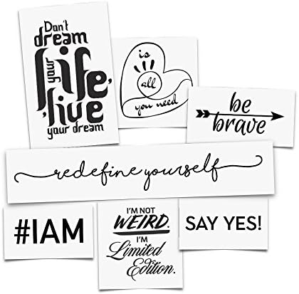Tattoo Moments Collection of Temporary Tattoos - Inspiring Quotes Pack (Set of 14 Motivating Tattoos) - Uplifting, Fashionable, Skin Safe and Waterproof - Perfect for Arm, Chest, Back or Legs