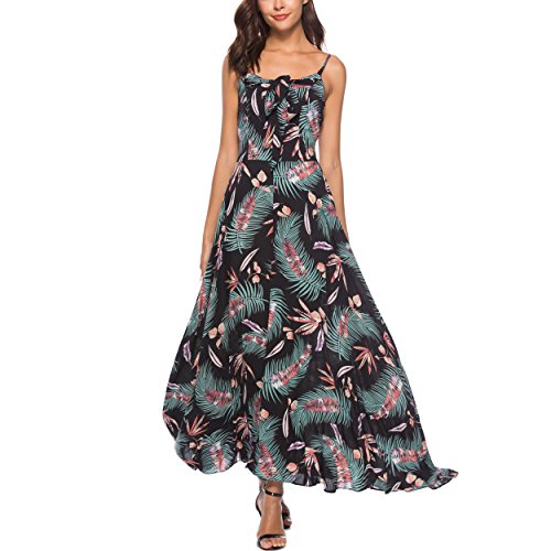 Caracilia Women Vintage Floral Print Flowy Party Maxi Dress Tie Front Spaghetti Strap Backless Boho Dress