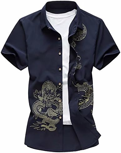 Men's Chinese Style Dragon Print Shirts Short Sleeve Dress Shirt