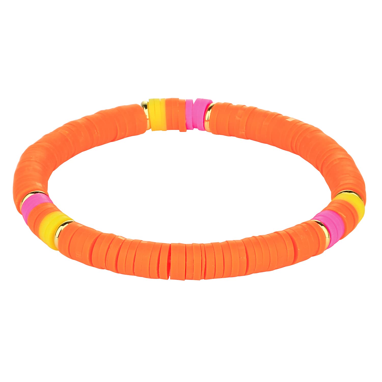 KELITCH Women Fashion Stretch Bracelets Colorful Heishi Beads Mixed Gold Disc Bracelets Handmade Friendship Bracelets (Orange 5A)