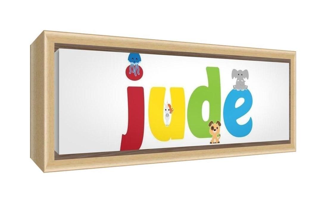 Feel Good Art Framed Box Canvas with Solid Natural Wooden Surround in Cute Illustrative Design Boy's Name (34 x 88 x 3 cm, Large, Jude)