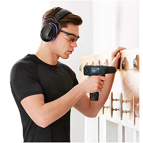 AmazonBasics Safety Ear Muffs Ear Protection, Black and Blue, and Safety Glasses, Clear Lens