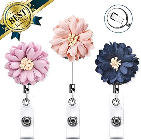 New Arrival Nurse Badge Reel 3 Pack, Flower Retractable Badge Holder Reel Clip with Stainless Steel Clip, Name Badge Clips with Daisy(Stainless Steel)