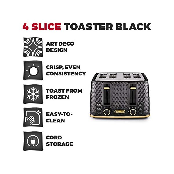 Tower T20061BLK Empire 4-Slice Toaster with Defrost/Reheat, Removable Crumb Trays, 1600W, Black and Brass