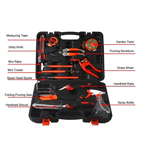 Garden Tool Set 12 Pieces Gardening Hand Tool Kits with Grass Sheers, Pruning Saw, Trowel Set, Rakes, Watering Bottle and Measuring Tapes