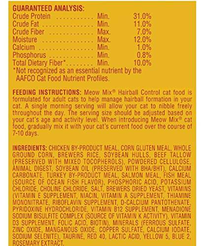 MEOW MIX HAIRBALL CONTROL DRY CAT FOOD FOR ADULT CAT, 6.3 LB. BAG