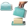 Ceramic Mason Jar Butter Dish with Lid and Handle – Adorable Aqua Blue/Teal Farmhouse Butter Holder – Elegant Butter Keeper, Butter Tray, Butter Container for Countertop