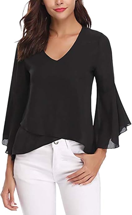 Mujer Blusas con Volantes Casual SóLido Camisa Mujer Cuello En V Tops De TúNica De Gasa