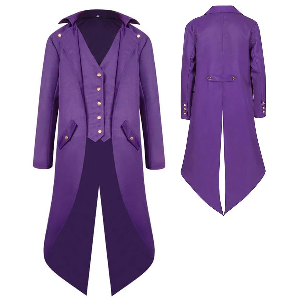 YQVGFBY Men's Gothic Steampunk Tailcoat Men,Medieval Victorian Vintage Jacket Uniform Long Tuxedo,Renaissance Pirate Vampire Party Cosplay Costumes for Adults Men (Purple, 3XL)