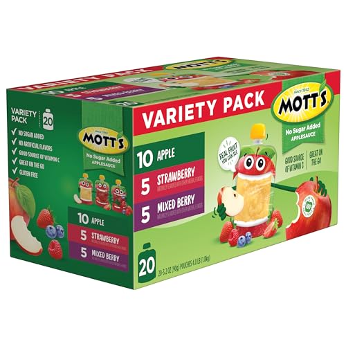 MOTT’S NO SUGAR ADDED APPLESAUCE VARIETY PACK, 3 FLAVORS – APPLE, STRAWBERRY & MIXED BERRY, MADE FROM REAL FRUIT, NO ARTIFICIAL FLAVORS, 3.2 OZ CLEAR POUCHES, 20 PACK