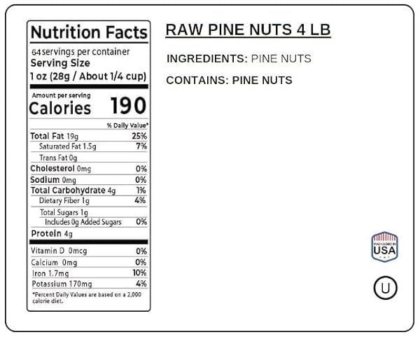 RAW PINE NUTS 4 POUNDS | WHOLE NATURAL UNSALTED PIGNOLIAS | HEALTHY PROTEIN SNACK | GREAT FOR COOKING, BAKING, SALADS, PESTO SAUCE, ROASTING | VEGAN, KETO SNACK, GLUTEN FREE, COMPARE TO ORGANIC PINE NUT | JAYBEE’S