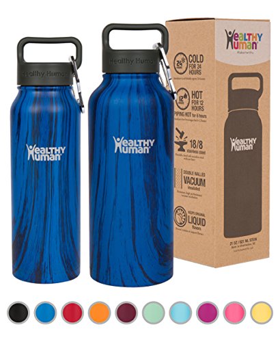 Healthy Human Insulated Water Bottle - Double Walled Sports Vacuum Thermos Wide Mouth Flask. Ideal for Women, Men & Kids - Midnight Oak - 21 oz