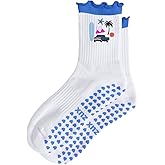 Puedizux Women Cute Pilates Socks Grip Crew Yoga Socks Ruffle Cuff Embroidery Pattern Workout Ballet Socks