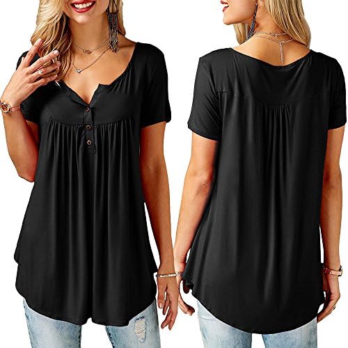 Aunis Womens Shirts Short Sleeve Ruffle Casual Blouse Henley V Neck Button up Pleated Tunic Tops Solid Color(Black-XXL)