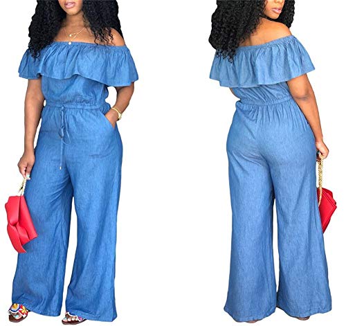 Huisifang Women's Elegant Denim Jumpsuits Ruffle Wide Leg Pants Jumpsuit Romper with Pockets Plus Size