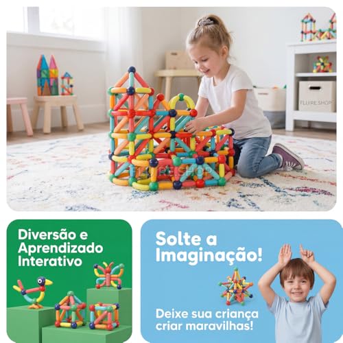 Bloco Magnetico Infantil de Montar, Brinquedo Educativo Infantil Bastões e Bolas, Kit de Construção 2D e 3D, Desenvolvimento STEM para Criatividade, Coordenação Motora e Raciocínio Lógico (103)