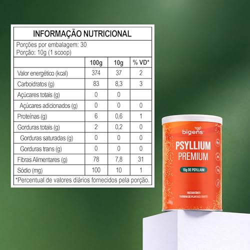 Psyllium Premium, Bigens, Fibra Solúvel, 100% Puro, Sem Aditivos, Vegano, Sem Glúten, 300g em Pó