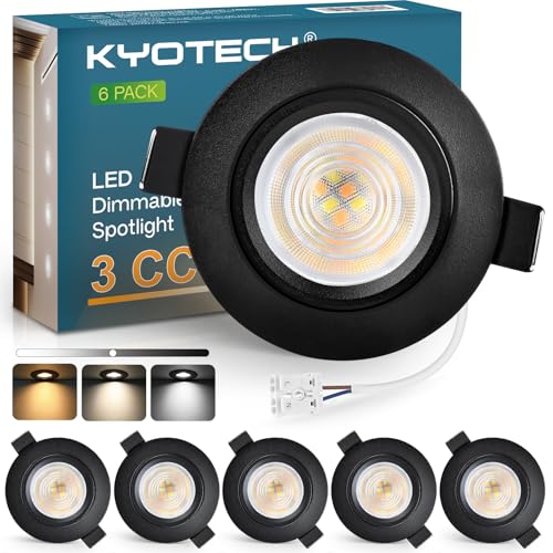 KYOTECH 3CCT Recessed LED Spotlights for Drywall Dimmable 60-70 mm, 5W 550LM 230V Recessed Spotlight, Ultra Slim, IP44 Recessed Spotlights for Bathroom, Set of 6 Black