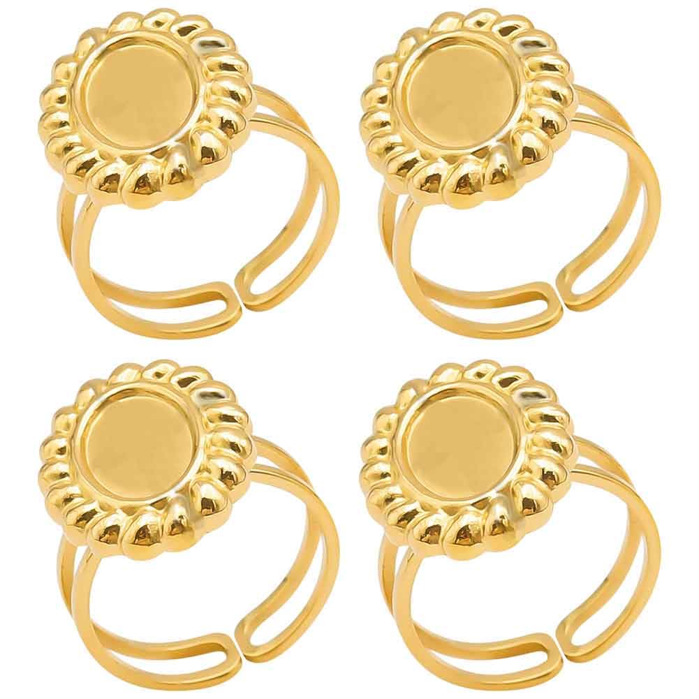 Beebeecraft 1 Box 8Pcs 17mm Tray Blank Rings 18K Gold Plated Oval Sun Open Cuff Base Bezel Pad Cabochon Ring Settings for DIY Ring Jewellery Making