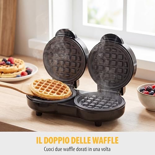 Piastra per Waffle Mini Doppia, 2 Waffle per Utilizzo, Potenza 1100 W, Piastre in Alluminio Antiaderenti, Design Compatto, WF-2115