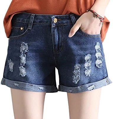 Wxian Women's Mid Waist Ripped Hole Straight Denim Shorts